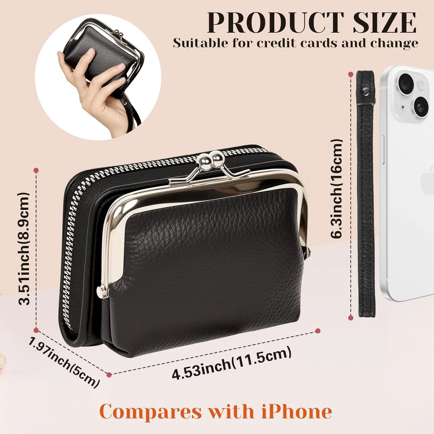 Women's Wristlet Wallet with Coin Purse - 9 Slot Zipper Card Organizer, PU Leather Wrist Wallets for Women with Kiss Lock & Detachable Strap, Multi-Functional Compact Wallet(Black)