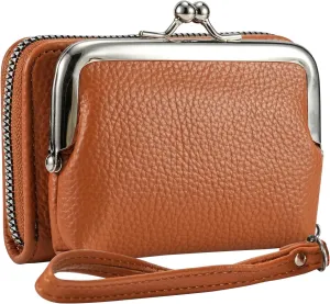 Women's Wristlet Wallet with Coin Purse - 9 Slot Zipper Card Organizer, PU Leather Wrist Wallets for Women with Kiss Lock & Detachable Strap, Multi-Functional Compact Wallet(Brown)