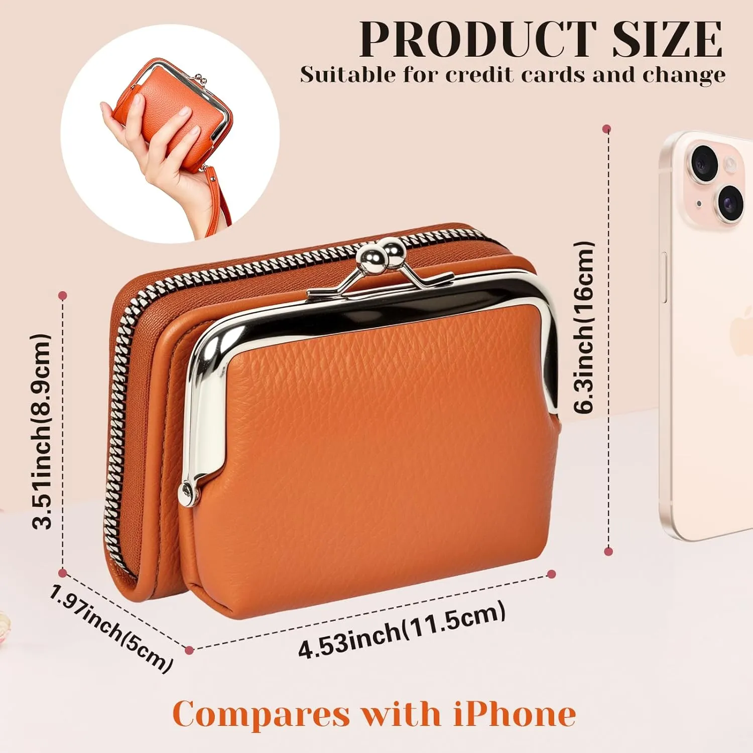 Women's Wristlet Wallet with Coin Purse - 9 Slot Zipper Card Organizer, PU Leather Wrist Wallets for Women with Kiss Lock & Detachable Strap, Multi-Functional Compact Wallet(Brown)