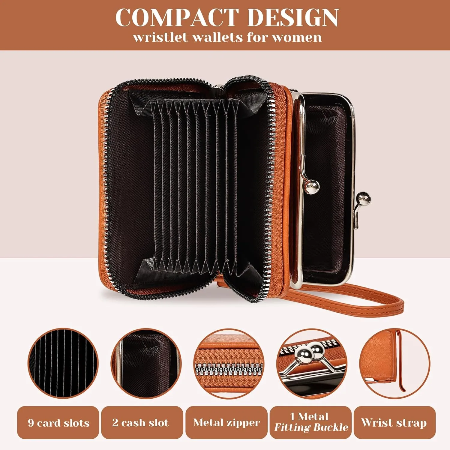 Women's Wristlet Wallet with Coin Purse - 9 Slot Zipper Card Organizer, PU Leather Wrist Wallets for Women with Kiss Lock & Detachable Strap, Multi-Functional Compact Wallet(Brown)