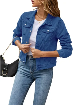 XBTCLXEBCO Women's Cropped Denim Jacket Long Sleeve Lapel Button Down Jean Coat Classic Trucker Jacket Distressed Shacket