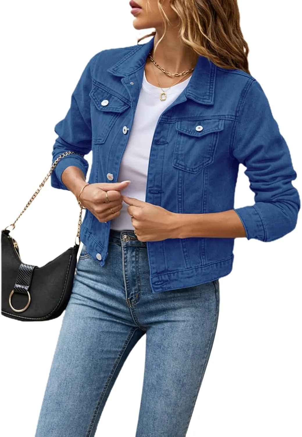 XBTCLXEBCO Women's Cropped Denim Jacket Long Sleeve Lapel Button Down Jean Coat Classic Trucker Jacket Distressed Shacket