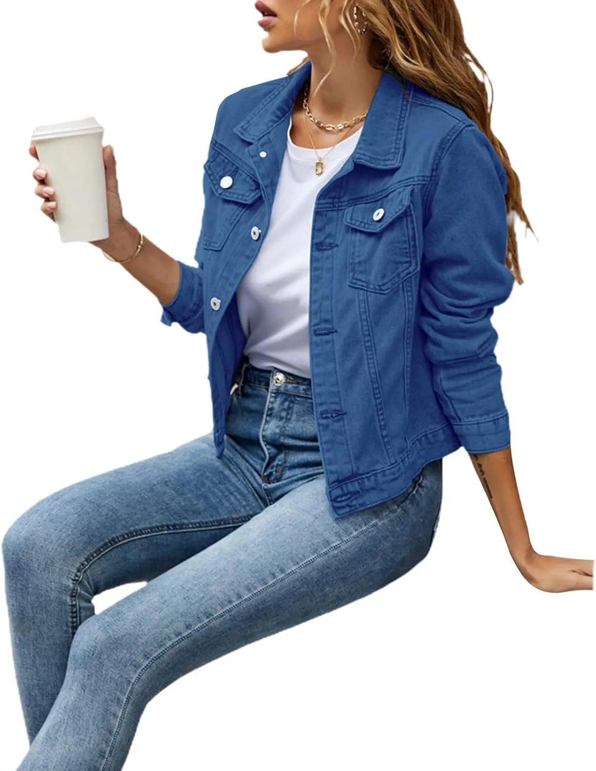XBTCLXEBCO Women's Cropped Denim Jacket Long Sleeve Lapel Button Down Jean Coat Classic Trucker Jacket Distressed Shacket