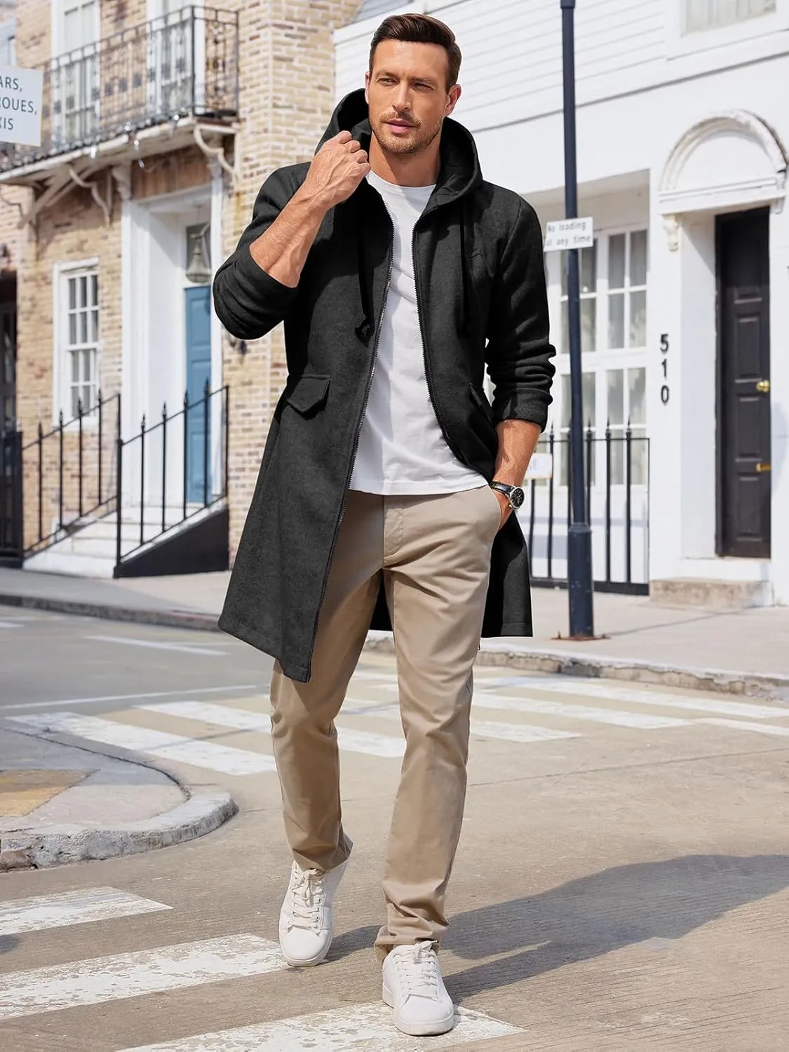 ZIWOCH Mens Trench Coat Wool Blend Hoodie Long Jacket Full Zip Winter Classic Business Overcoat