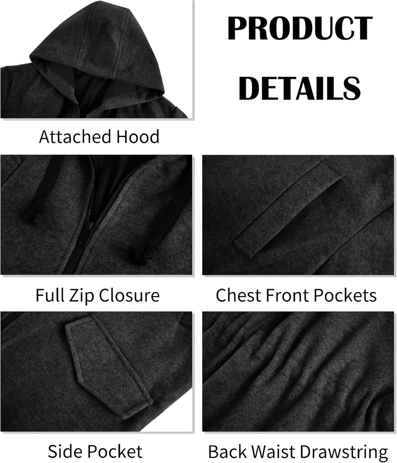 ZIWOCH Mens Trench Coat Wool Blend Hoodie Long Jacket Full Zip Winter Classic Business Overcoat