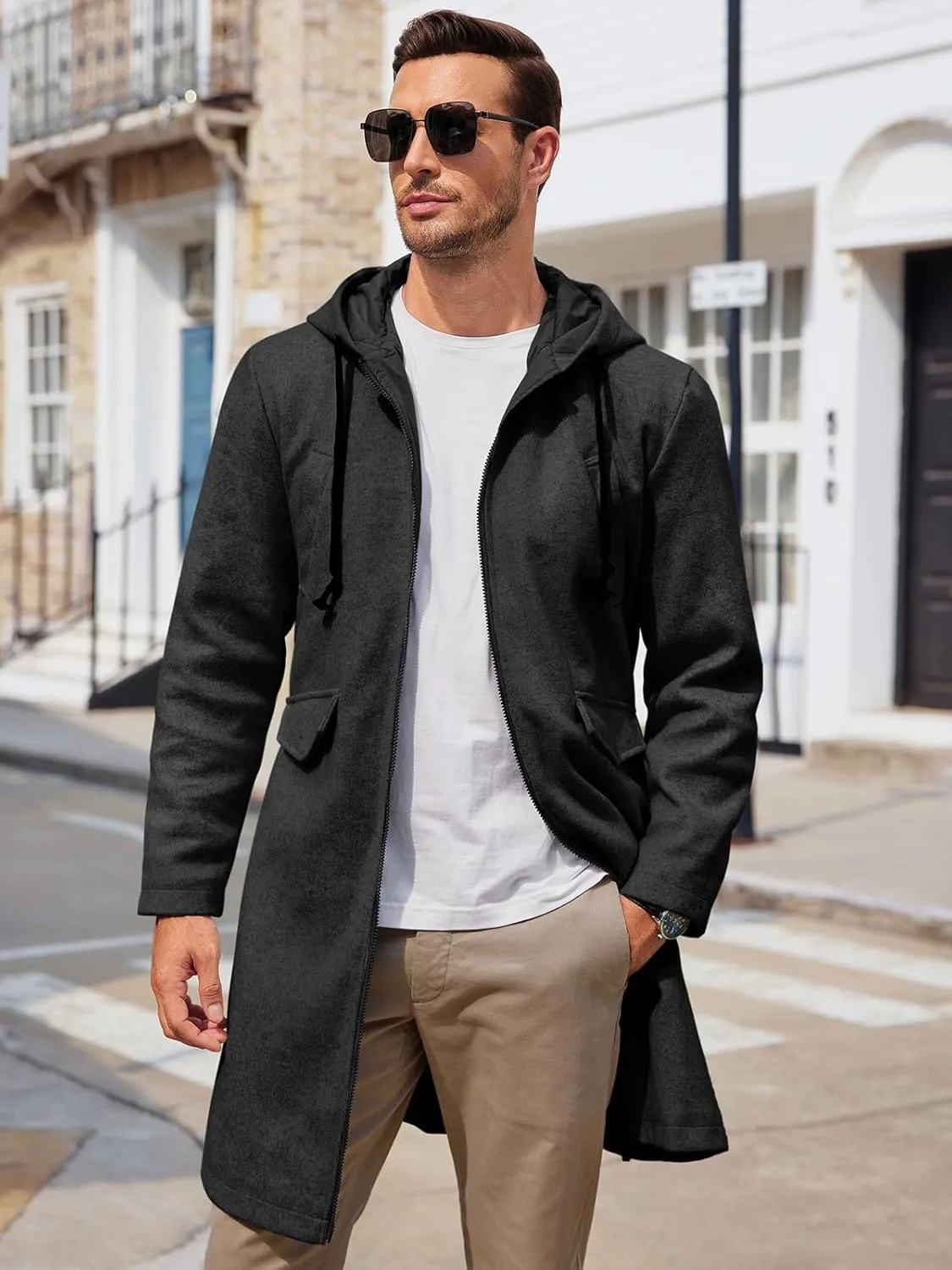 ZIWOCH Mens Trench Coat Wool Blend Hoodie Long Jacket Full Zip Winter Classic Business Overcoat