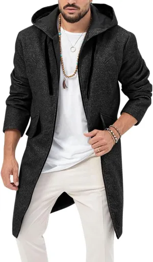 ZIWOCH Mens Trench Coat Wool Blend Hoodie Long Jacket Full Zip Winter Classic Business Overcoat